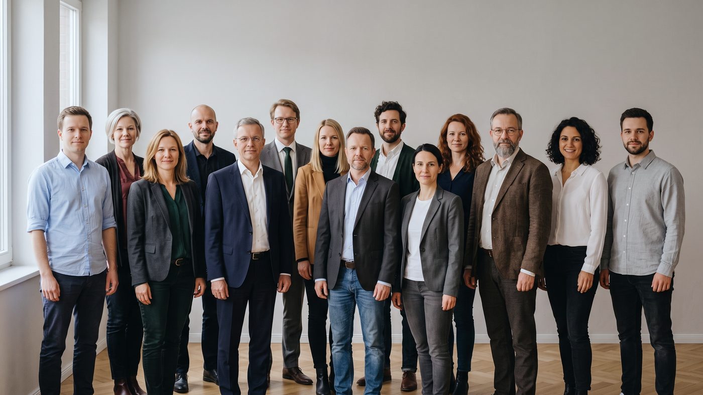 Das Team der EE Inso 6 GmbH, vierzehn Personen, vor der hellen Wand im Büro an der Sechslingspforte